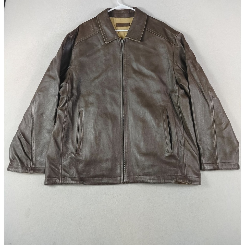Weatherproof Leather Jacket Mens 2XL Brown Full Zip Bomber Lined‎ Collared